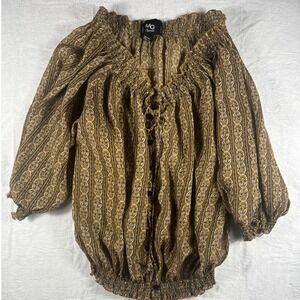 Cottagecore Peasant Blouse Puff Sleeve Smocked Waist Earth Tone XL